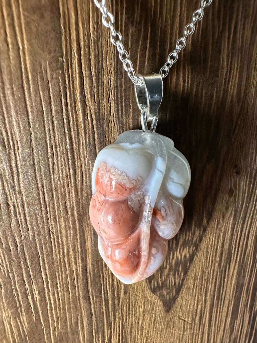 Pink “Cotton Candy” Agate Leaf Shaped Pendant Necklace on Silver Plated Chain